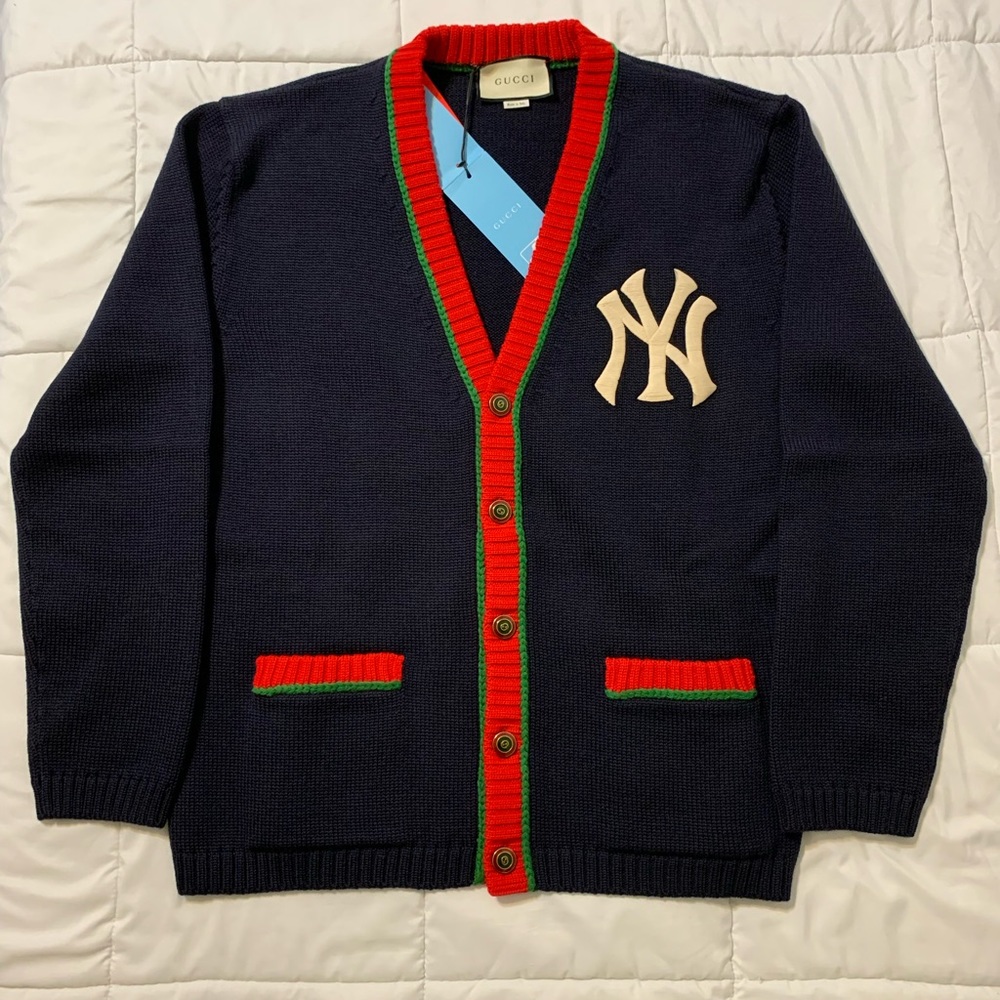 SOLD GUCCI New York Yankees Embroidered Cardigan Navy Blue Authentic Size XL